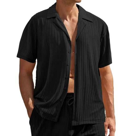 HOOMEUMY Men's Lapel Button Shirts Lightweight Soft Basic Shirt Solid Color Relaxed Casual Short Sleeve Blouses (Black,XXXL)