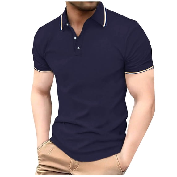 HOOMEUMY Men's Lapel Button Shirts Relaxed Casual Basic Shirt Solid Color Short Sleeve Soft Lightweight Blouses (Navy,M)