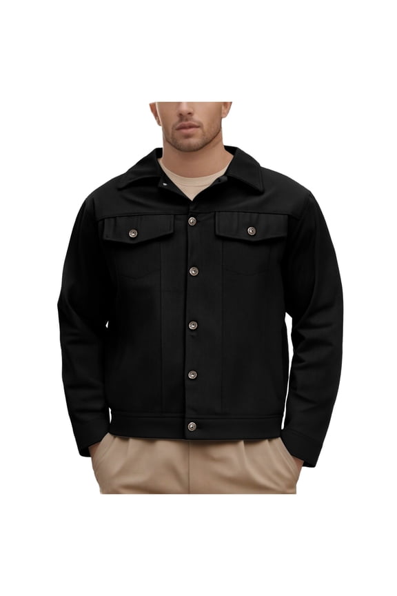 Men's Lapel Neck Button Down Jacket Casual Long Sleeve Overshirts Trendy Solid Color Cargo Coat with Pockets (Black,M)