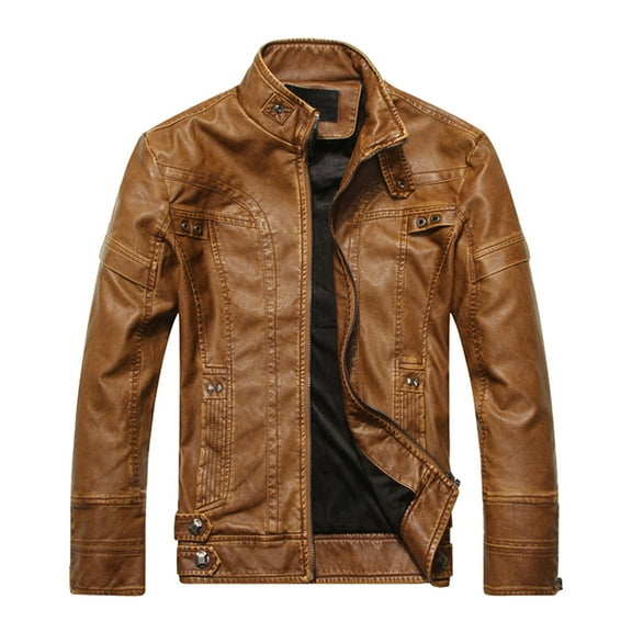 HOOMEUMY Men's Leather Jacket Motorcycle Biker Retro Solid Slim Fit Stand Collar Zipper Faux Leather Coat with Pockets Khaki XL