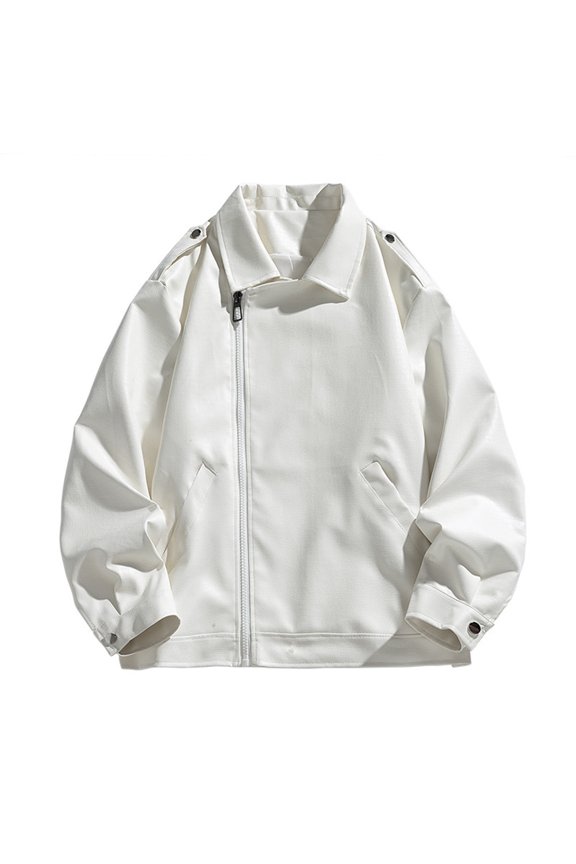 Men's Leather Jacket Zip Up Collared Flight Jackets with Pockets