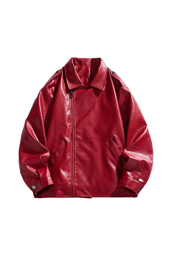 Men's Leather Jacket Zip Up Collared Flight Jackets with Pockets