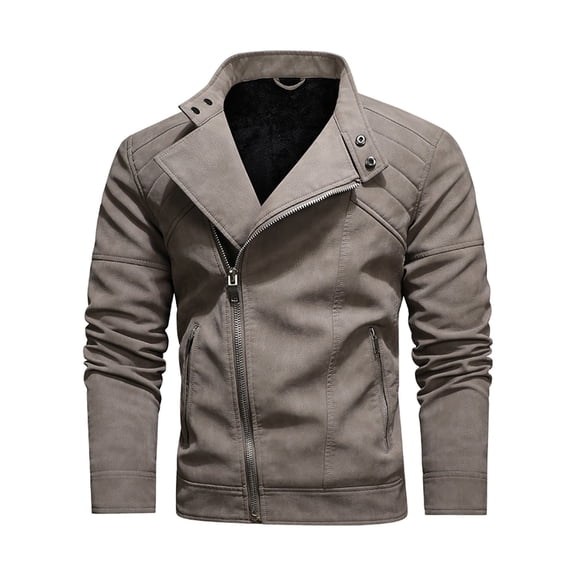HOOMEUMY Men's Leather Motorcycle Jacket Winter Warm Faux Leather Biker Jacket Slim Fit Zipper Stand Collar Motorcycle Jacket Khaki L