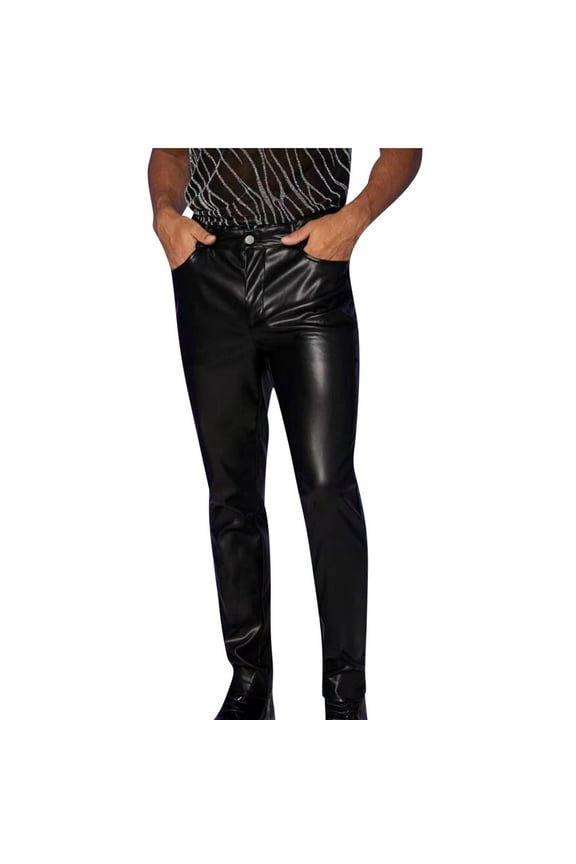 Men's Leather Pants Skinny Stretch Slim Trendy Straight Leg Trousers Button Casual Comfy Pants (Black,XL)