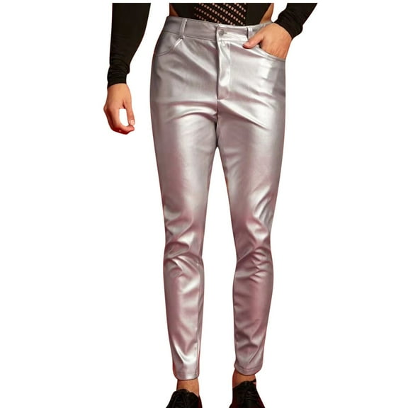 HOOMEUMY Men's Leather Pants Skinny Stretch Slim Trendy Straight Leg Trousers Button Casual Comfy Pants (Silver,M)