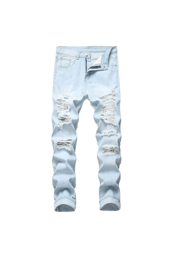 Men's Light Blue Stretch Denim Destroyed Ripped Biker Jeans Slim Fit Straight Distressed Pants Blue L