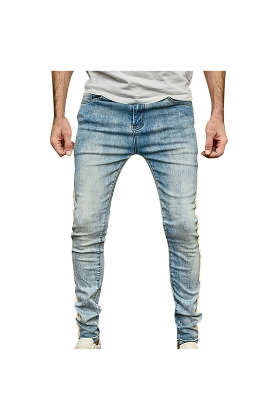 Men's Light Blue Stretch Slim Fit Distressed Jeans with Side Stripe Zipper Skinny Denim Pants Blue L