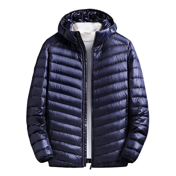 HOOMEUMY Men's Lightweight Down Jacket Winter Warm Hooded Puffer Zipper Up Coat Packable Windproof Outwear with Pockets Navy XL