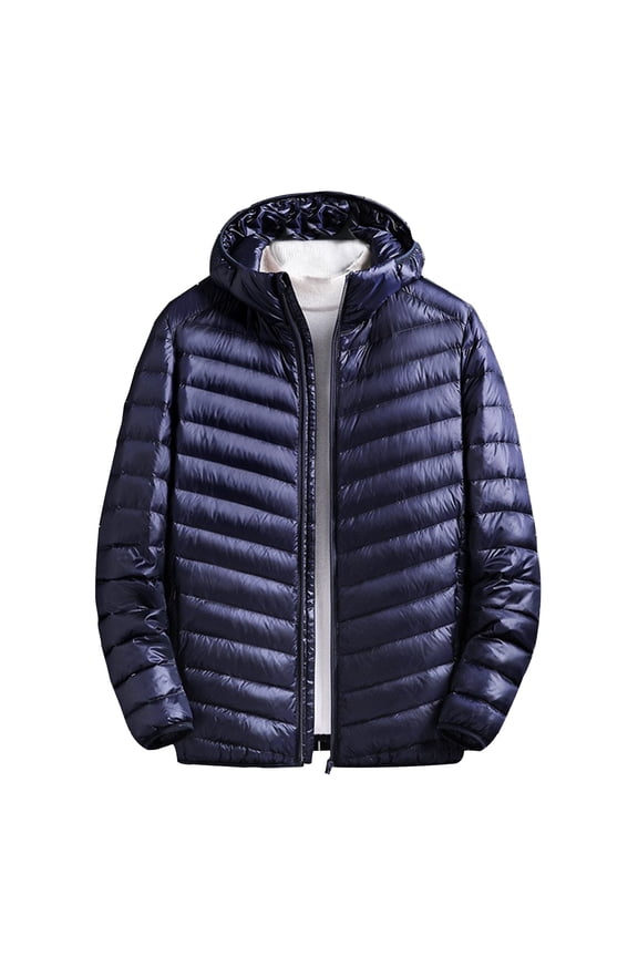 Men's Lightweight Down Jacket Winter Warm Hooded Puffer Zipper Up Coat Packable Windproof Outwear with Pockets Navy XXL