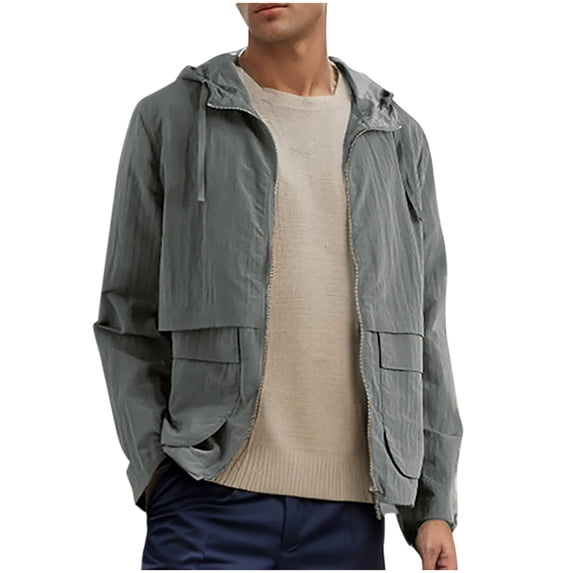 HOOMEUMY Men's Lightweight Hooded Jacket Outdoor Windbreaker Long Sleeve Zipper Solid Color Loose Fit Lightweight Gray S