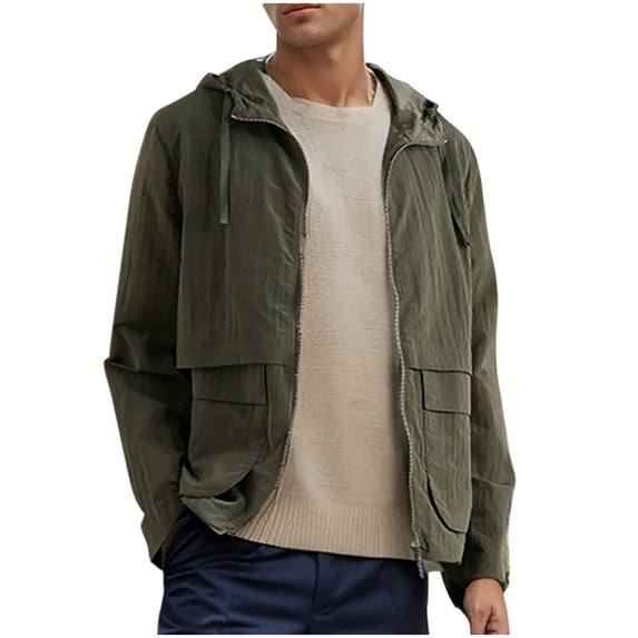 HOOMEUMY Men's Lightweight Hooded Jacket Outdoor Windbreaker Long Sleeve Zipper Solid Color Loose Fit Lightweight Green S