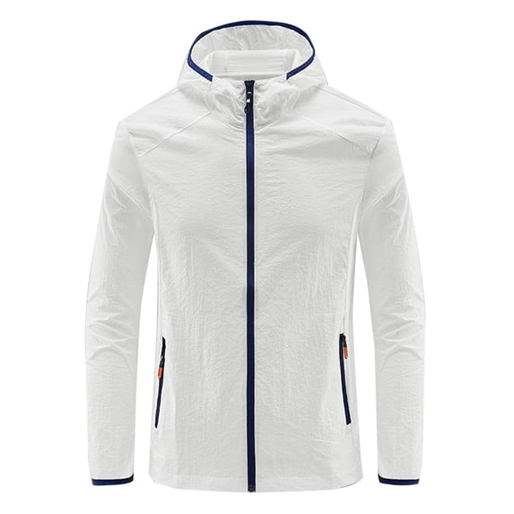 HOOMEUMY Men's Lightweight Quick Dry Jacket Water Resistant Outdoor Hooded Windbreaker Sport Running Cycling Travel Packable White L