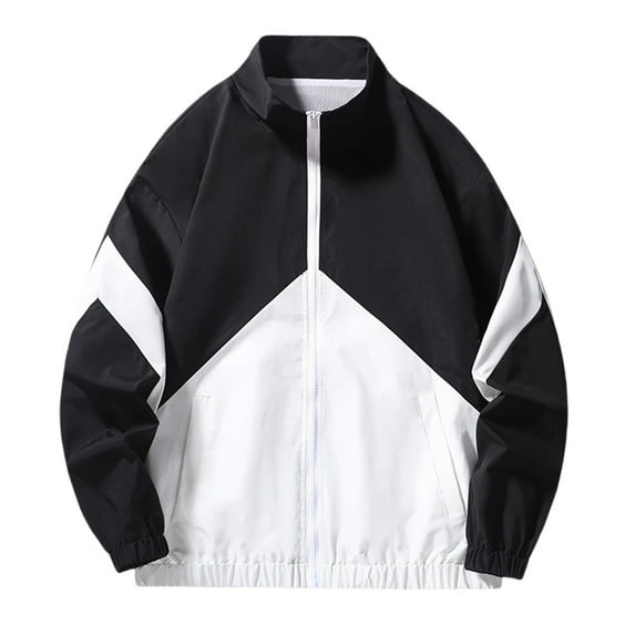 HOOMEUMY Men's Lightweight Windbreaker Jacket Colorblock Zipper Stand Collar Outwear Baseball Sport Running Windproof Polyester Long Sleeve Black M