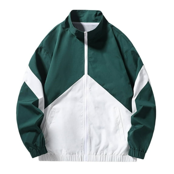 HOOMEUMY Men's Lightweight Windbreaker Jacket Colorblock Zipper Stand Collar Outwear Baseball Sport Running Windproof Polyester Long Sleeve Green XXL