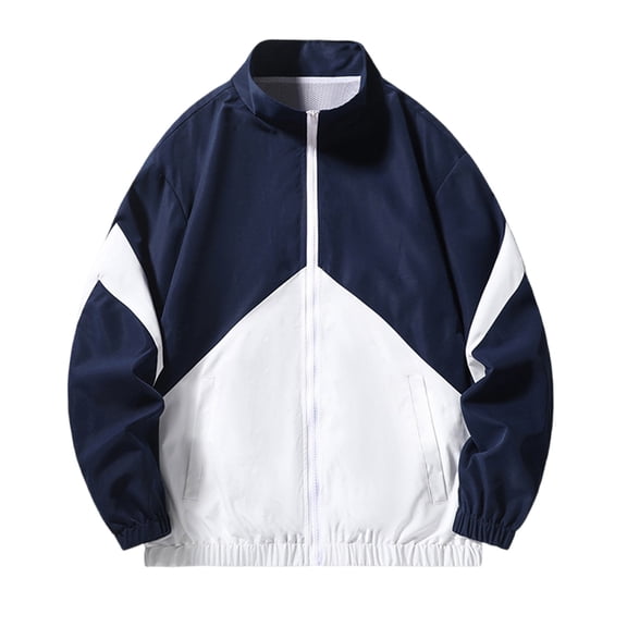 HOOMEUMY Men's Lightweight Windbreaker Jacket Colorblock Zipper Stand Collar Outwear Baseball Sport Running Windproof Polyester Long Sleeve Navy L