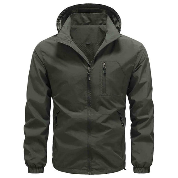HOOMEUMY Men's Lightweight Windbreaker Jacket Hooded Zipper Outdoor Sport Coat Water Resistant Breathable Army Green M