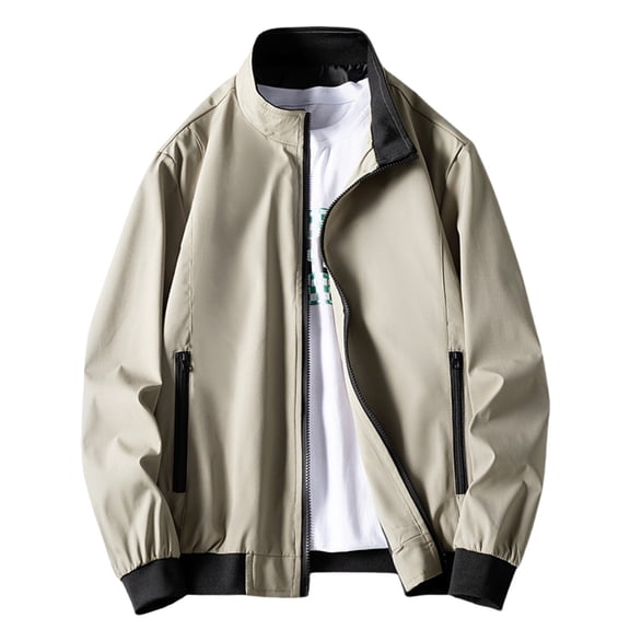 HOOMEUMY Men's Lightweight Windbreaker Jacket Stand Collar Zip Up Bomber Jacket Loose Fit Outdoor Sport Coat with Pockets Khaki XXXXL