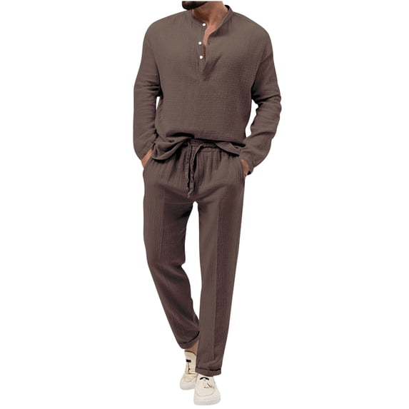 HOOMEUMY Men's Linen 2 Piece Outfits Long Sleeve Stand Collar Button Down Shirts Drawstring Pants Set Summer Beach Solid Loose Fit Tracksuits Brown XXL