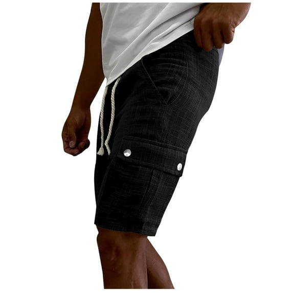 HOOMEUMY Men's Linen Cargo Shorts Summer Drawstring Elastic Waist Beach Shorts with Pockets Solid Color Loose Fit Knee Length Shorts Black 12
