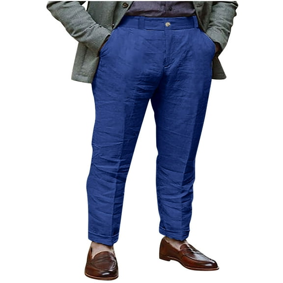 HOOMEUMY Men's Linen Cotton Pants Loose Fit Straight Long Trousers with Pockets Solid Color Business Work Beach Summer Spring Pants Blue XXL