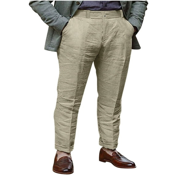 HOOMEUMY Men's Linen Cotton Pants Loose Fit Straight Long Trousers with Pockets Solid Color Business Work Beach Summer Spring Pants Yellow XXL