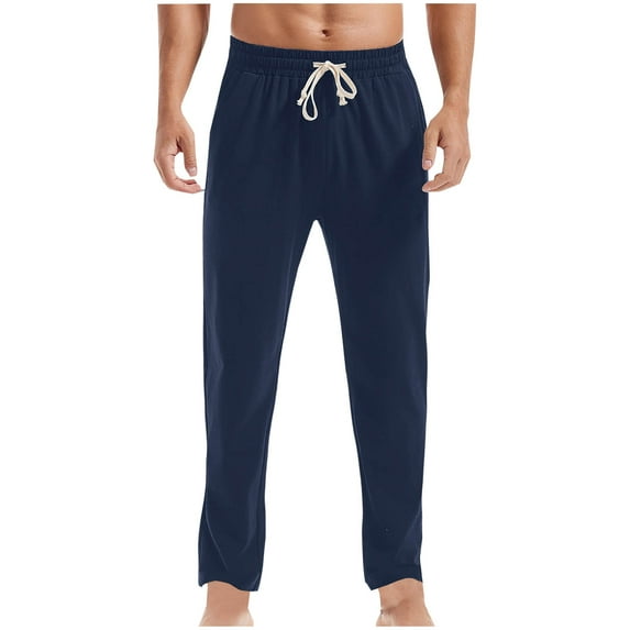 HOOMEUMY Men's Linen Drawstring Elastic Waist Loose Fit Straight Long Pants Trousers Beach Summer White Bottoms Blue S