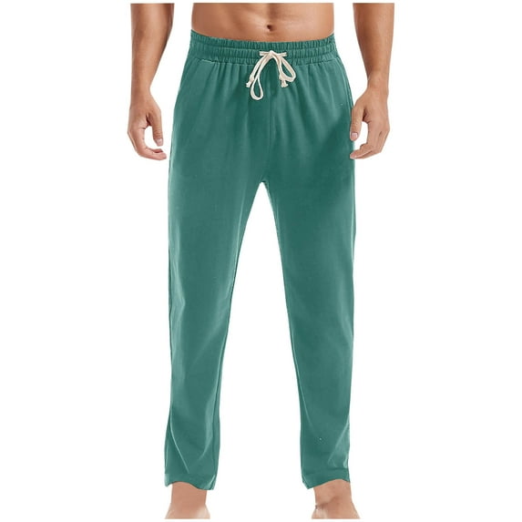 HOOMEUMY Men's Linen Drawstring Elastic Waist Loose Fit Straight Long Pants Trousers Beach Summer White Bottoms Green XXL