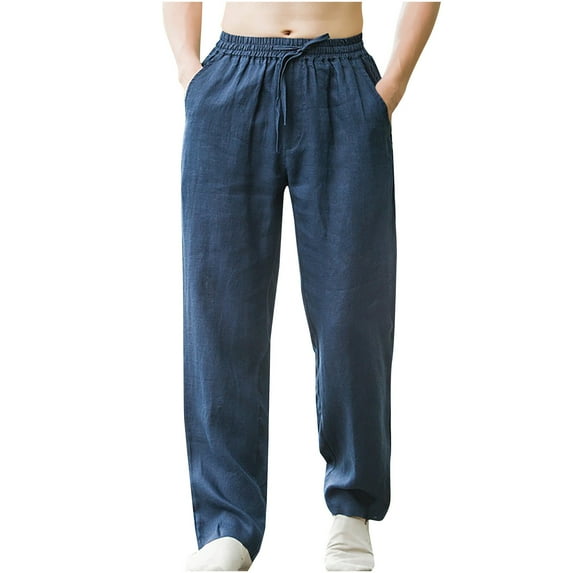 HOOMEUMY Men's Linen Drawstring Pants Loose Fit Elastic Waist Straight Leg Solid Color Trousers with Pockets Blue XL