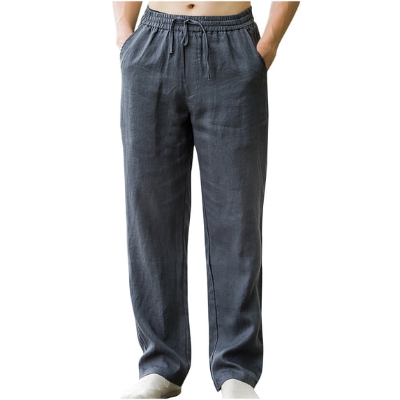 HOOMEUMY Men's Linen Drawstring Pants Loose Fit Elastic Waist Straight Leg Solid Color Trousers with Pockets Gray XXXL