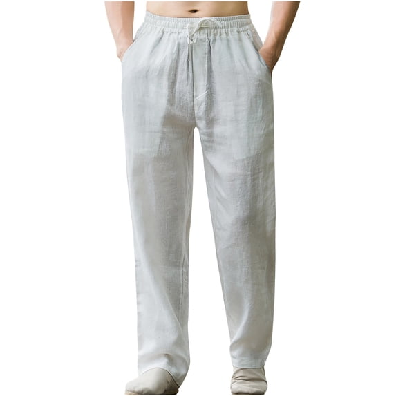 HOOMEUMY Men's Linen Drawstring Pants Loose Fit Elastic Waist Straight Leg Solid Color Trousers with Pockets White XXXXXL
