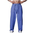 thumbnail image 1 of HOOMEUMY Men's Linen Drawstring Waist Loose Fit Elastic Classic Solid Casual 2024 Trendy Straight Leg Long Pants with Pockets Blue S, 1 of 4