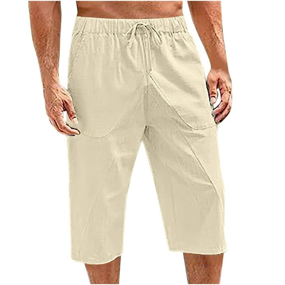 HOOMEUMY Men's Linen Elastic Waist Baggy Knee Length Shorts with Pockets Solid Color Loose Fit Summer Beach Shorts Beige XXL