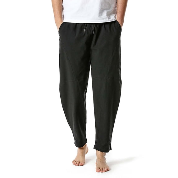 HOOMEUMY Men's Linen Harem Pants Loose Fit Cotton Pockets Classic Solid Drawstring Elastic Waist Baggy Trousers Black XXXL