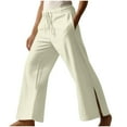 thumbnail image 1 of HOOMEUMY Men's Linen Long Pants Loose Fit Drawstring Elastic Waist Casual with Pockets Split Side Summer Beach Solid Trousers Beige XL, 1 of 6