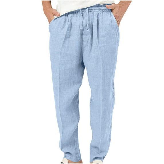 HOOMEUMY Men's Linen Long Pants Loose Fit Straight Drawstring Elastic Waist Beach Trousers with Pockets Solid Summer Lightweight Comfy Bottoms Blue XL