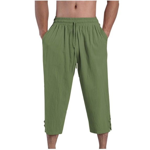 HOOMEUMY Men's Linen Pants Drawstring Summer Loose Fit Cropped Trousers 3/4 Length Lightweight Comfy Beach Pants Summer Army Green L