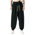 thumbnail image 1 of HOOMEUMY Men's Linen Pants Loose Fit Harem Pants Elastic Waist Wide Leg Trousers Comfy Fall Baggy Lightweight Chinese Style Solid Black M, 1 of 3