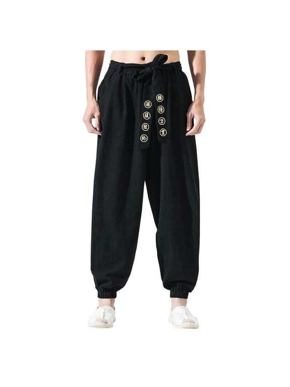 Men's Linen Pants Loose Fit Harem Pants Elastic Waist Wide Leg Trousers Comfy Fall Baggy Lightweight Chinese Style Solid Black M