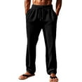 thumbnail image 1 of HOOMEUMY Men's Linen Pants Summer Beach Pants Straight Leg Drawstring Waist Relaxed Fit Lightweight Trousers for Men Black S, 1 of 8