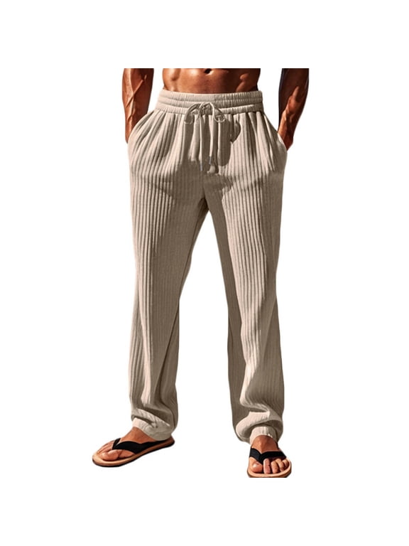 Men's Linen Pants Summer Beach Pants Straight Leg Drawstring Waist Relaxed Fit Lightweight Trousers for Men Khaki XL