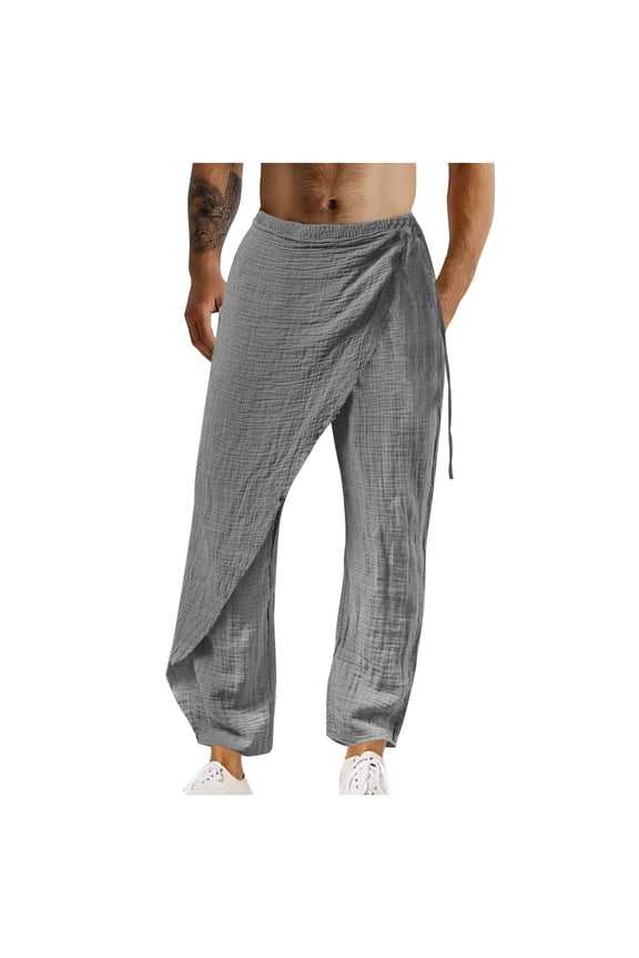 Men's Linen Straight Leg Wrap Pants Loose Fit Drawstring Waist Trousers Solid Color Summer Beach Pants Gray XXXL