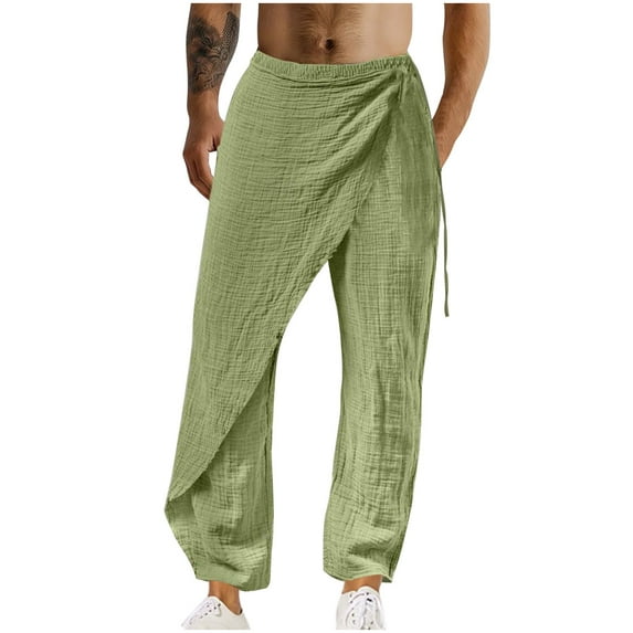 HOOMEUMY Men's Linen Straight Leg Wrap Pants Loose Fit Drawstring Waist Trousers Solid Color Summer Beach Pants Yellow XXL