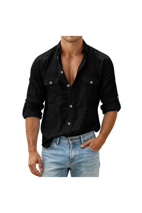 Men's Long Sleeve Button Down Shirt Casual Untucked Shirts Pocket Fall Beach Wedding Textured Shirts