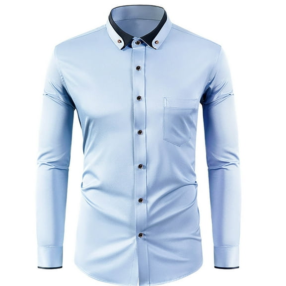 HOOMEUMY Men's Long Sleeve Dress Shirt Button Down Shirts Formal Business Work Tops Slim Fit with Contrast Collar Cuffs Black Light Blue XL
