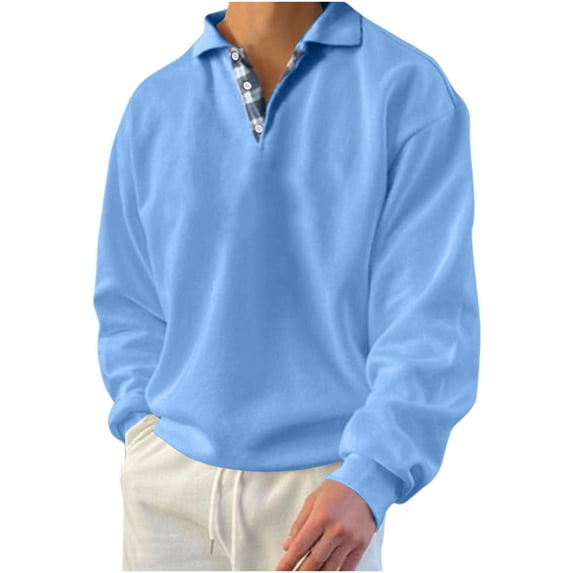 HOOMEUMY Men's Long Sleeve Golf Shirt Button Down Tops Checkered Collar Sweatshirt Loose Fit T-Shirt Solid Color Soft Comfortable Light Blue XL