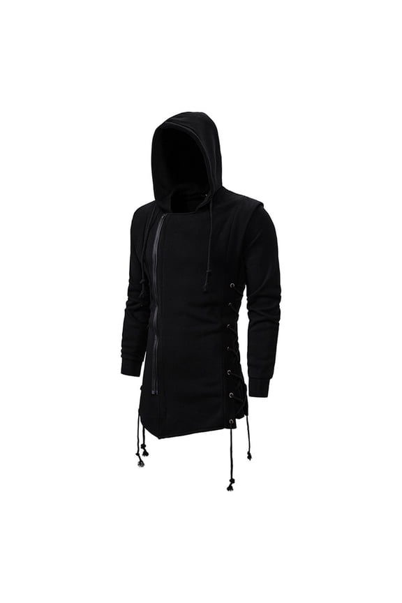 Men's Long Sleeve Hoodie Drawstring Zipper Sweatshirt Lace Up Side Hooded Jacket Black Gothic Street Black XL