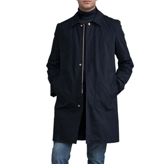 HOOMEUMY Men's Long Trench Coat Zipper Button Overcoat Warm Winter Jacket Outwear Turndown Collar Solid Color Fashion Navy S
