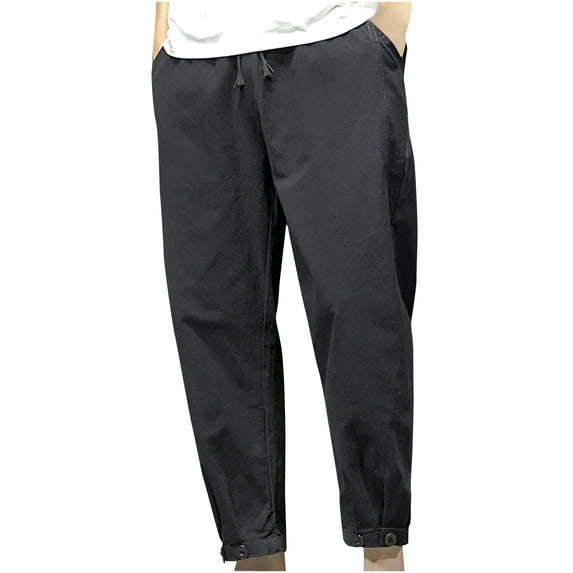 HOOMEUMY Men's Loose Fit Cotton Linen Blend Harem Pants with Pockets Drawstring Elastic Waist Long Trousers Black L