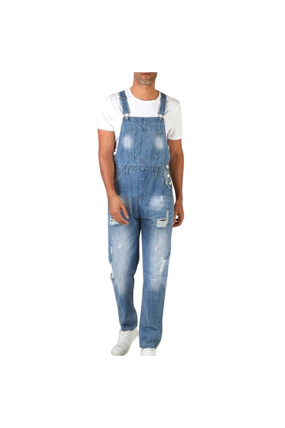 Men's Loose Fit Denim Dungarees Bib Overalls Straight Leg Workwear Washed Carpenter Jeans with Pockets Blue XXXL
