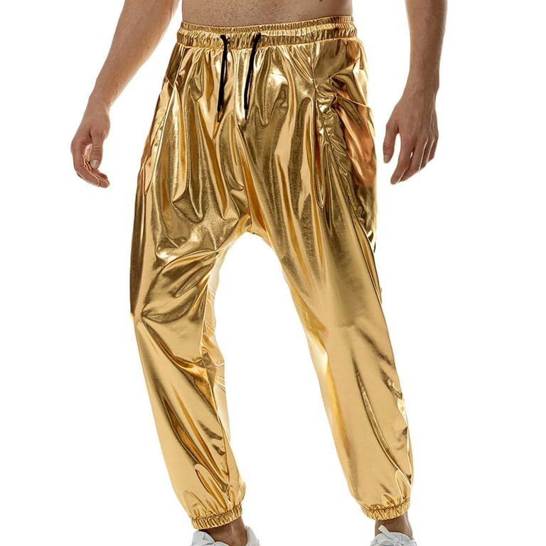HOOMEUMY Men's Metallic Shiny Gold Harem Pants Hip Hop Elastic